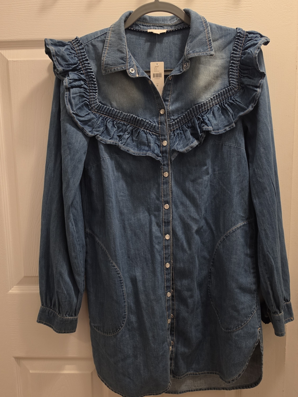 Pilcro Denim Ruffle-Yoke Button-Front Mini Dress - Blue